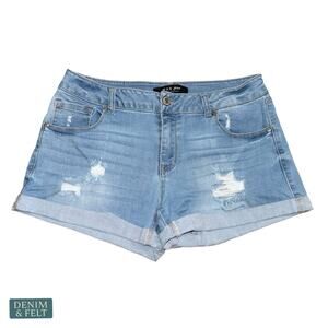 Wax Jean Light Wash Denim Shorts Mid Rise Cuffed Hem Coastal Beach Summer